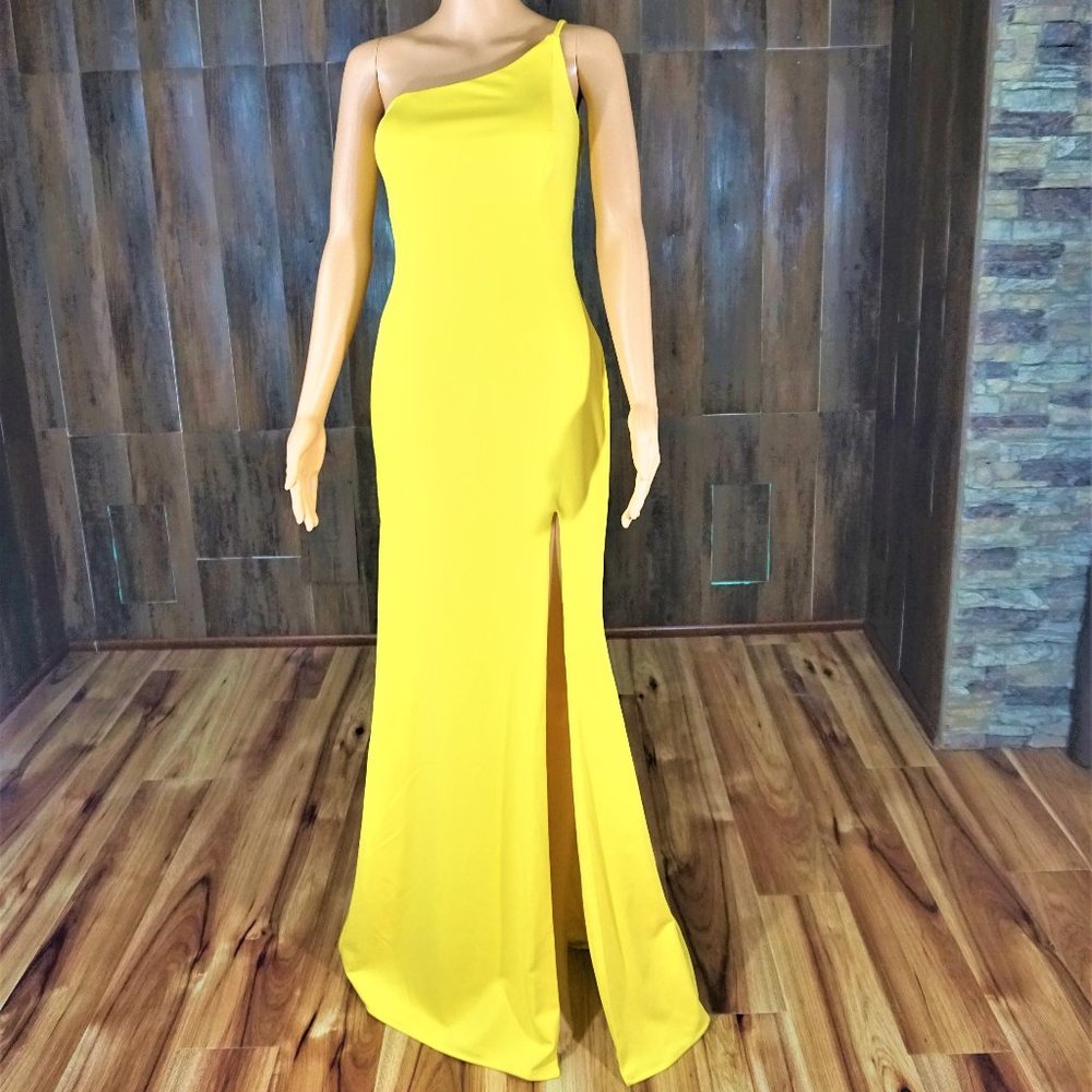 LA Femme Yellow One Shoulder Jersey Slit Gown NWOT - Picture 3 of 7